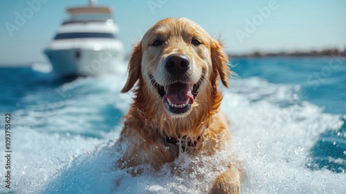 Happy golden retriever wearing sunglasses on boat, summer vacation, ocean view, stylish dog portrait, pet on water adventure, sunlit sea, fun outdoor trip, travel