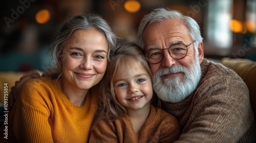 Three generations family portrait with grandfather, mother, and young girl, smiling together, close family bond, indoor scene, love, warmth, joyful moment, cozy home, togetherness