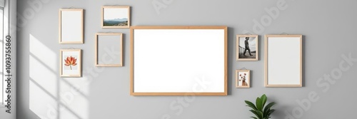 A mockup of a photo frame collage moodboard, with various frames in different sizes and orientations, displayed on a wall, presentation, collage, mockup