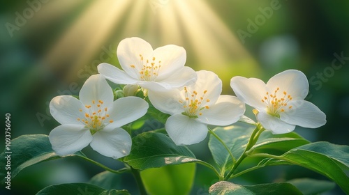 Four white blossoms backlit by sunlight.