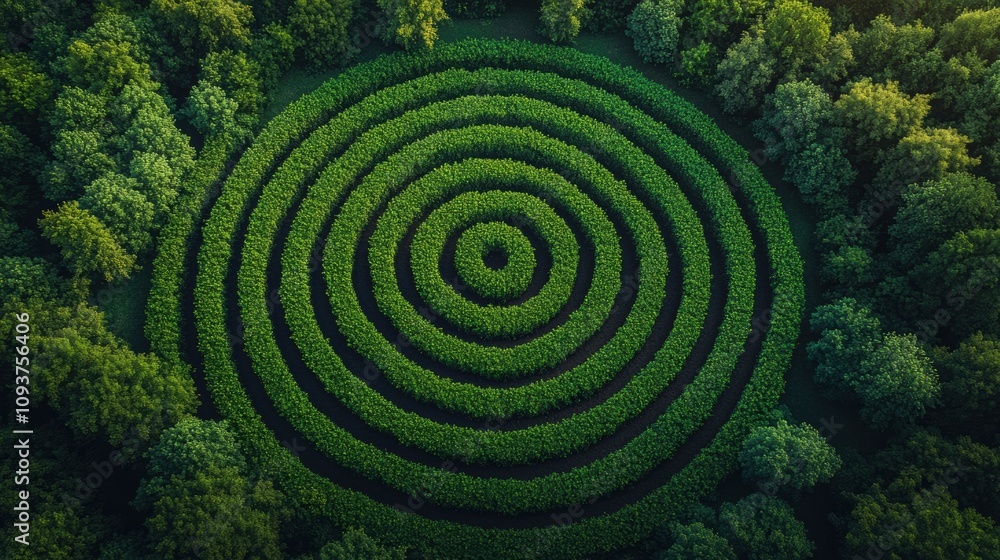 Circular green hedge maze in forest setting, aerial view of intricate spiral pattern, nature’s labyrinth, outdoor greenery, maze exploration, symmetry, lush garden design, forest adventure Circular green hedge maze in forest setting, aerial view of intricate spiral pattern, nature’s labyrinth, outdoor greenery, maze exploration, symmetry, lush garden design, forest adventure