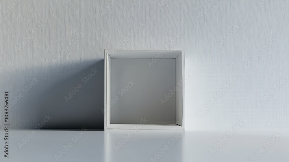 Fototapeta premium A small, open-top box with crisp white interior walls, displayed on a glossy white surface