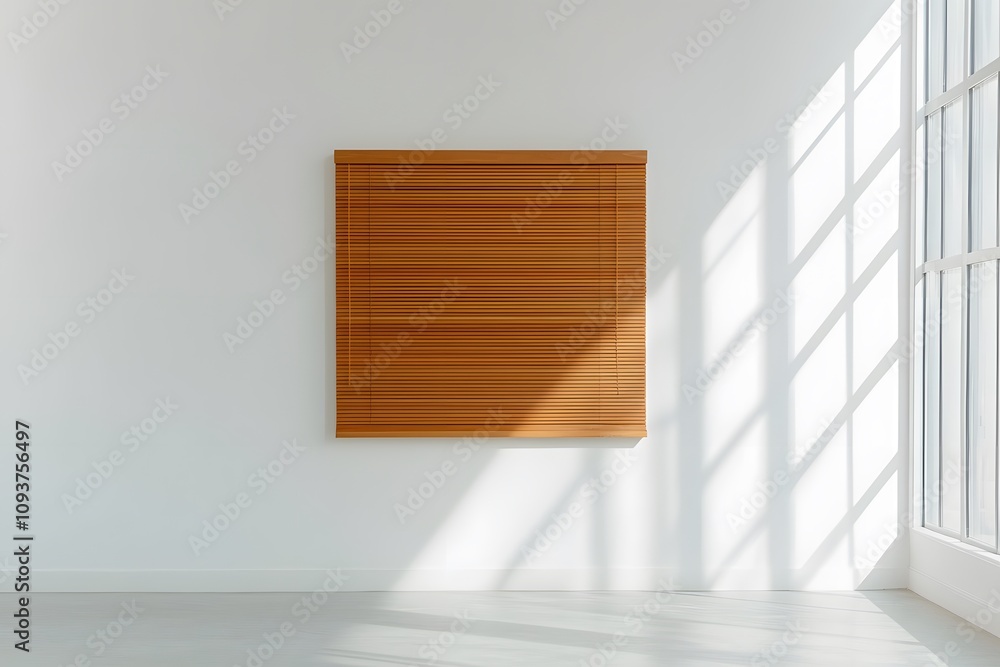 Fototapeta premium Venetian Blinds in Abachi Wood in a White Space – Modern Interior Design, Natural Materials, and Minimalist Home Decor