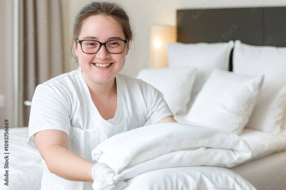 Portrait of smiling housekeeper with bedding in hands standing near bed in hotel room Portrait of smiling housekeeper with bedding in hands standing near bed in hotel room