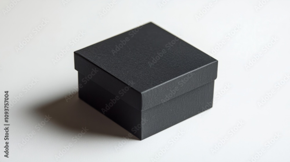A small, square black gift box with a soft matte finish, resting neatly on a white background A small, square black gift box with a soft matte finish, resting neatly on a white background