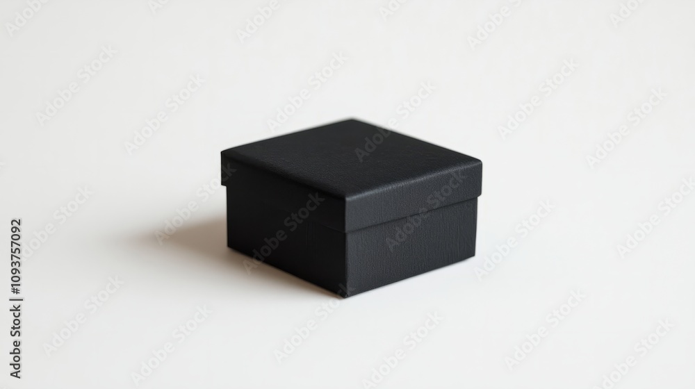 A small square gift box with a matte black finish, laying closed on a white surface A small square gift box with a matte black finish, laying closed on a white surface