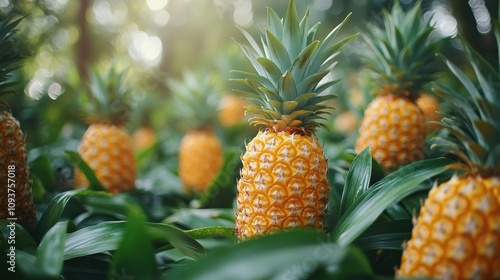 Bright ripe pineapples with lush green leaves, close-up view of tropical fruit arrangement, fresh and juicy produce, exotic food, tropical leaves, healthy eating, nature background, pineapple field