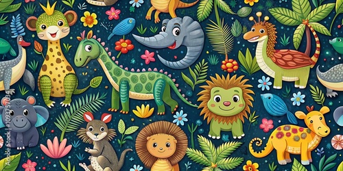 Adorable Crocodile Pattern Featuring Charming Wild Animals for Kids’ Decor in Low Light Photography Style photo