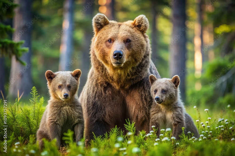 Fototapeta premium Adorable Family of Brown Bear Cubs in the Finnish Taiga: A Heartwarming Scene of Nature's Wildlife in the Enchanting Finnish Forest