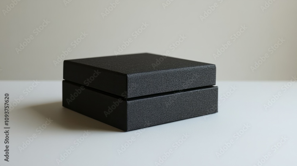 A small, textured black box with a magnetic flap, placed neatly on a smooth white surface A small, textured black box with a magnetic flap, placed neatly on a smooth white surface