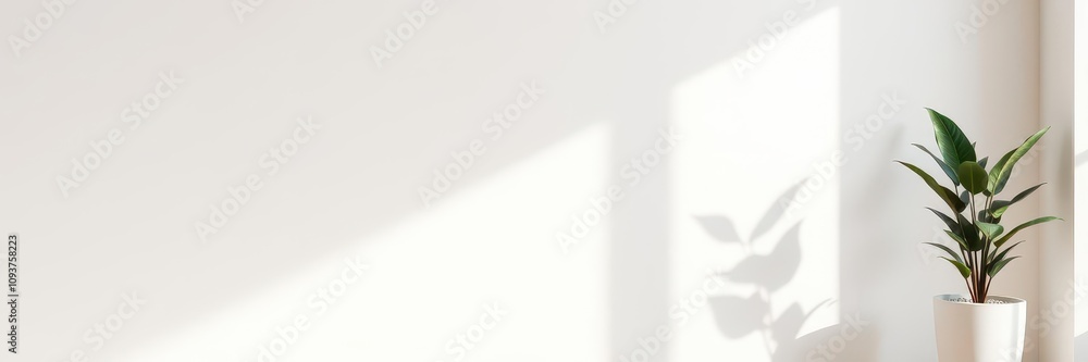 Realistic shadow effect of a potted plant casting a soft shadow on a white wall, soft, elegant, home decor Realistic shadow effect of a potted plant casting a soft shadow on a white wall, soft, elegant, home decor