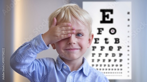 A smiling little boy, covering one eye with his hand, stands in front of a blurred Snellen ophthalmological chart, soft clinical lighting, an environment for eye examination by a pediatrician.