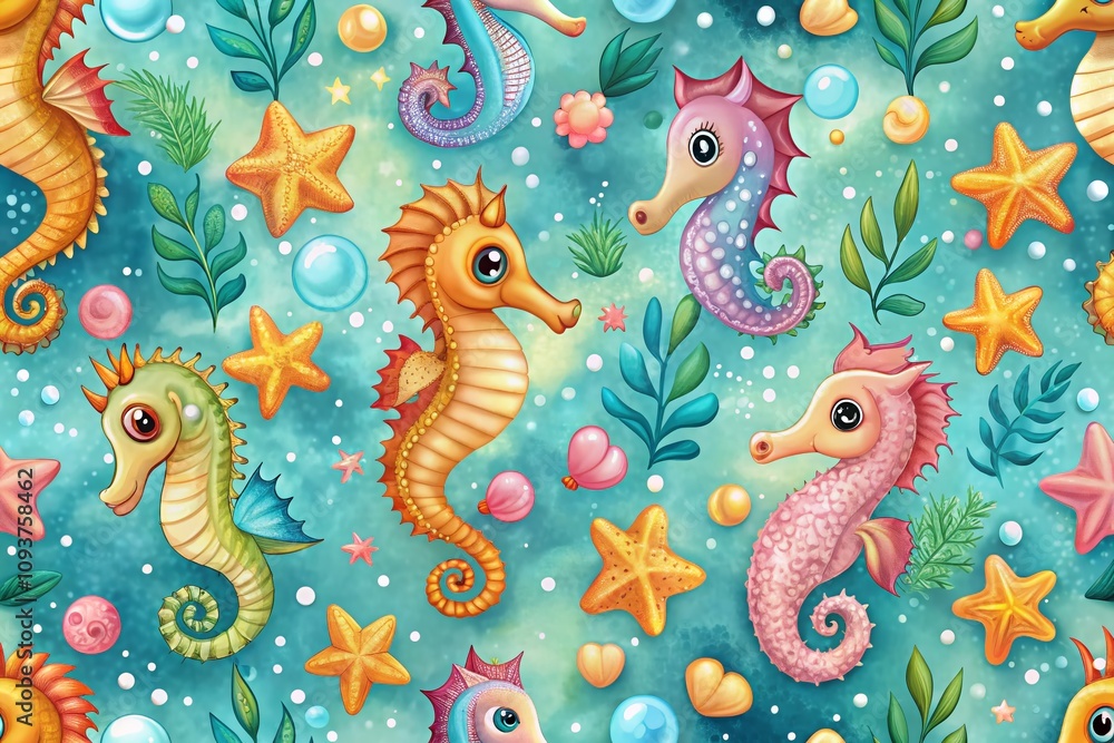 Fototapeta premium Adorable Seahorses Swimming in a Whimsical Underwater World with Bokeh Effect for Nautical Beach and Ocean Life Theme