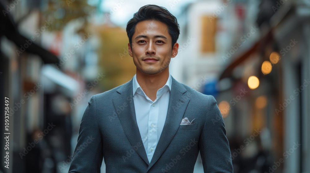 Businessman on city street, stylish gray suit, young professional, urban background, corporate attire, executive male, formal fashion, confident smile, cityscape, modern lifestyle Businessman on city street, stylish gray suit, young professional, urban background, corporate attire, executive male, formal fashion, confident smile, cityscape, modern lifestyle