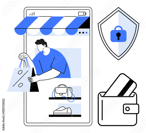 Man shopping online using mobile phone interface, secure shield icon, wallet with credit card. Ideal for e-commerce, online payments, cybersecurity, digital wallets, mobile banking, fraud prevention