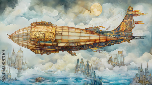 Experience the wonder of an airship journey, floating gracefully through the air and witnessing the world from above. Steampunk Airship Voyage. Illustration