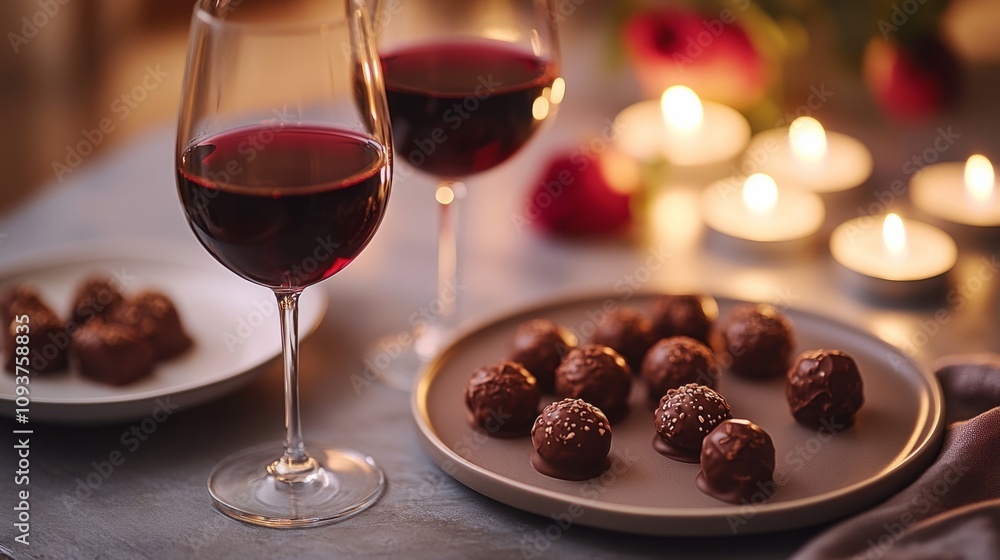 Candles, chocolate, and red wine setting for a romantic evening at home Candles, chocolate, and red wine setting for a romantic evening at home
