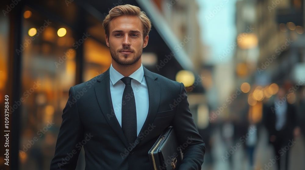 Young businessman looking up, confident expression, wearing suit and tie, modern city skyscrapers background, professional image, ambition, success in urban environment, corporate goals Young businessman looking up, confident expression, wearing suit and tie, modern city skyscrapers background, professional image, ambition, success in urban environment, corporate goals