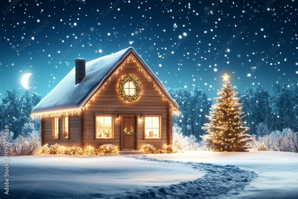 Cozy cabin in winter wonderland with snowfall and christmas decorations Cozy cabin in winter wonderland with snowfall and christmas decorations