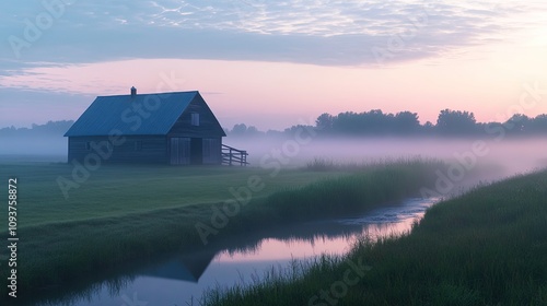 A farmhouse in a field by a stream in the morning mist at dawn. Farm barn in morning fog at dawn. Foggy morning at dawn. Countryside farm barn in fog at dawn 