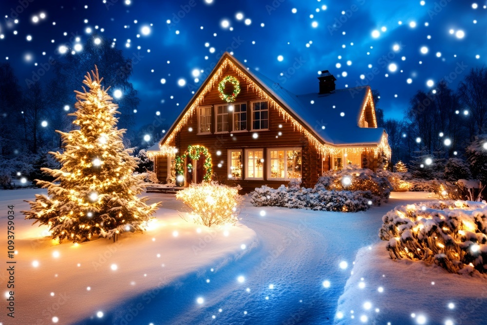 Cozy snow-covered cabin with festive lights in winter wonderland Cozy snow-covered cabin with festive lights in winter wonderland