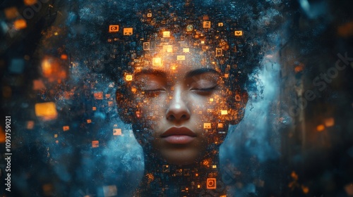 Young african female surrounded by digital icons and futuristic technology