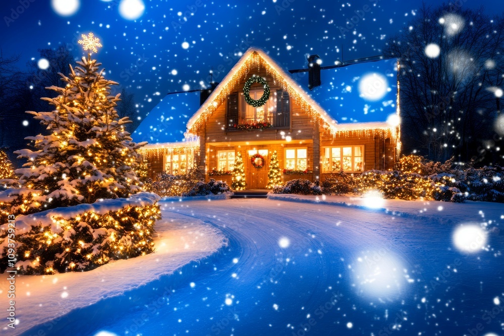 Cozy snow-covered house with christmas lights and festive decorations at night Cozy snow-covered house with christmas lights and festive decorations at night
