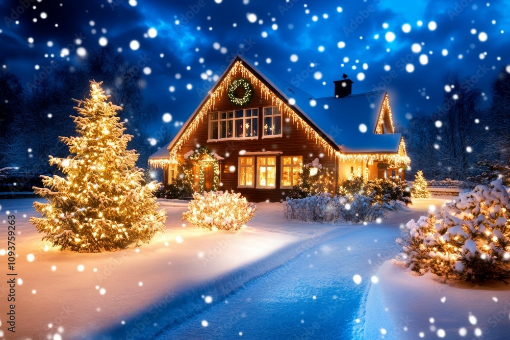 Cozy snow-covered cabin with festive lights in tranquil winter wonderland Cozy snow-covered cabin with festive lights in tranquil winter wonderland