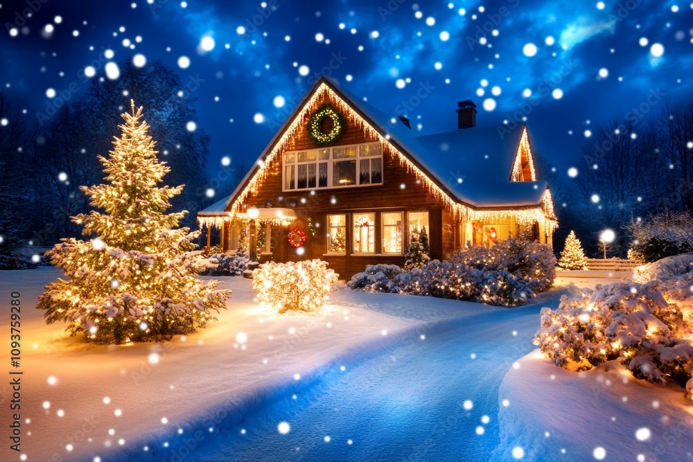 Cozy snow-covered house illuminated by christmas lights at night Cozy snow-covered house illuminated by christmas lights at night