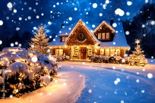 Snowy winter wonderland: festive house with holiday lights and snowfall scene