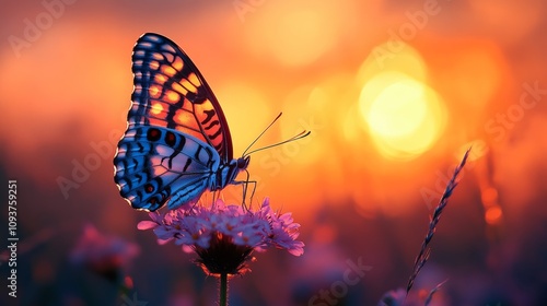 Vibrant butterfly perched on flower at sunset with glowing bokeh