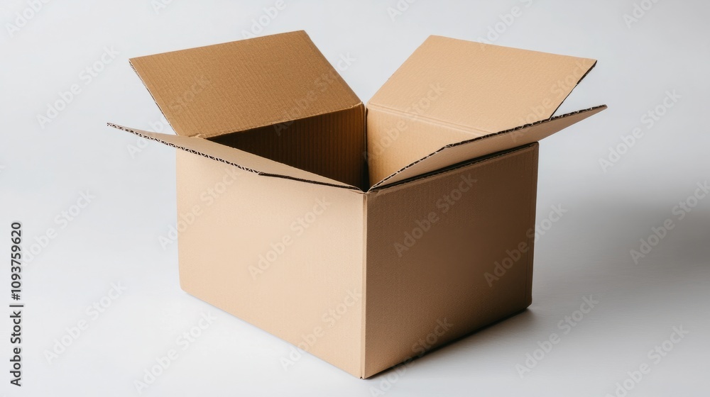 A sturdy cardboard shipping box with visible folds, placed slightly open on a smooth white background A sturdy cardboard shipping box with visible folds, placed slightly open on a smooth white background