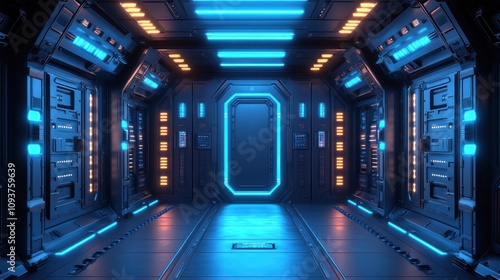 Fototapeta Naklejka Na Ścianę i Meble -  Futuristic spaceship corridor with neon lights.