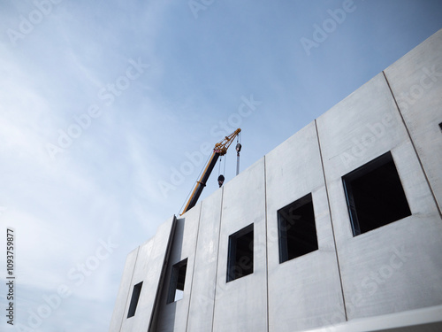 prefabricated building under construction with crane building development