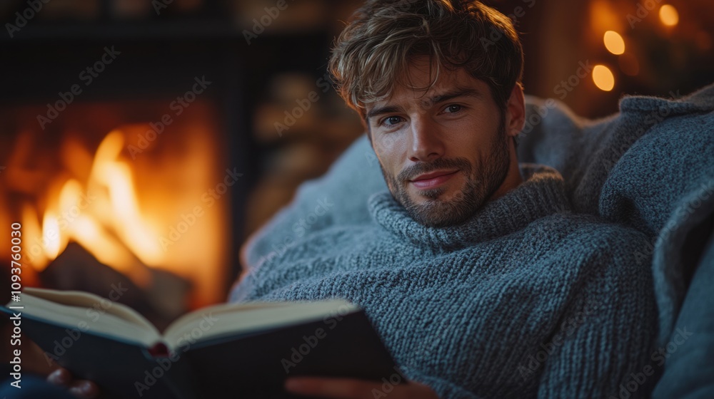 Handsome young man reading book by fireplace, cozy sweater, warm indoor evening, relaxing atmosphere, comfortable, winter leisure, peaceful, calm Handsome young man reading book by fireplace, cozy sweater, warm indoor evening, relaxing atmosphere, comfortable, winter leisure, peaceful, calm
