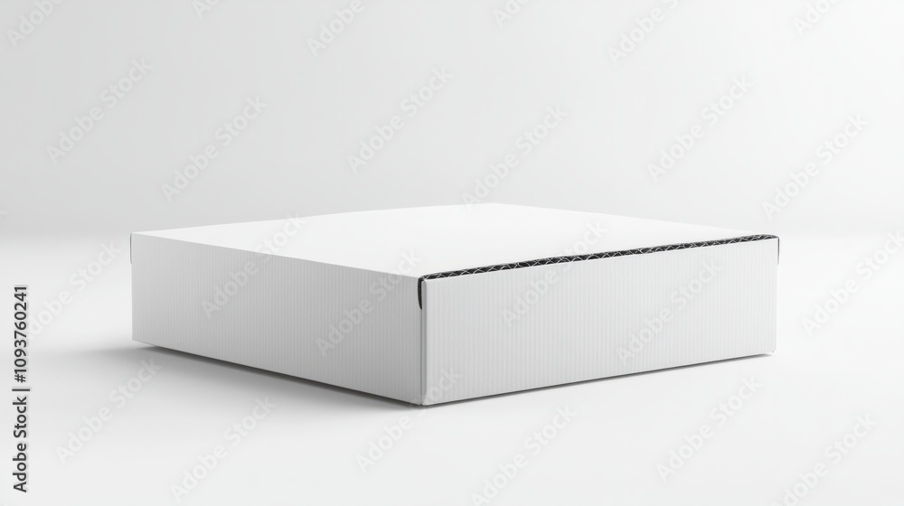 A sturdy white cardboard box with flaps slightly open, placed at an angle on a smooth white surface A sturdy white cardboard box with flaps slightly open, placed at an angle on a smooth white surface