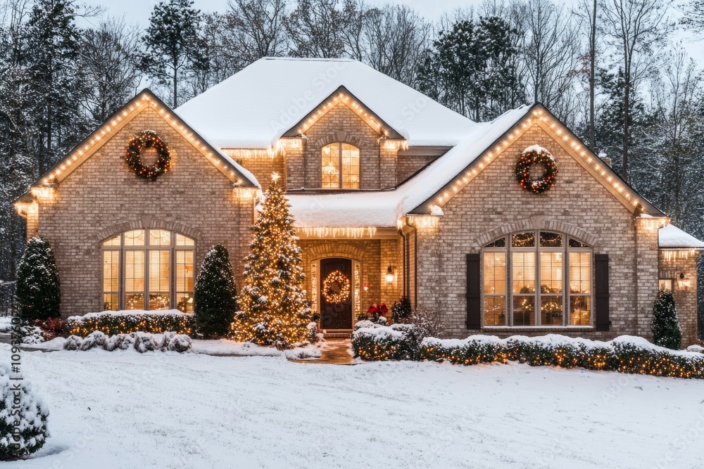 Festive brick house with snow and holiday lights at dusk Festive brick house with snow and holiday lights at dusk