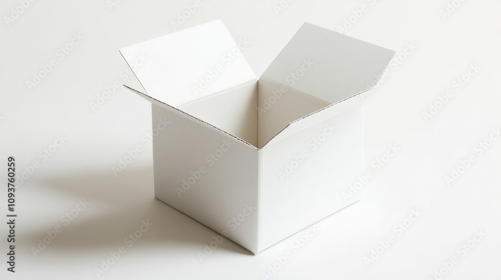 A sturdy white cardboard box with flaps slightly open, placed at an angle on a smooth white surface A sturdy white cardboard box with flaps slightly open, placed at an angle on a smooth white surface
