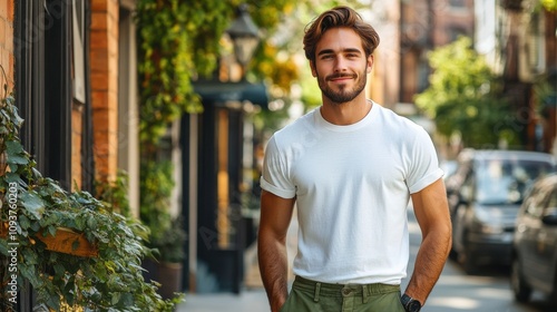 Confident young man walking down city street, casual white t-shirt, summer day, urban setting, outdoor stroll, positive vibe, stylish