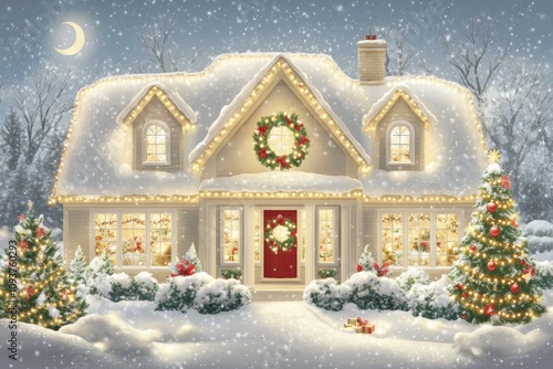 Festive snow-covered house with christmas decorations at night