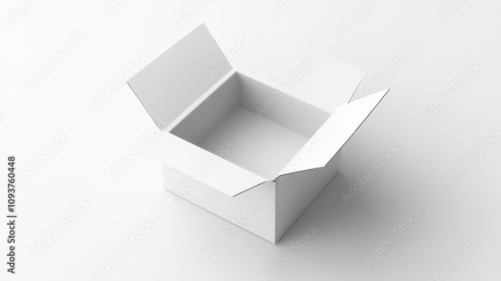 A sturdy white cardboard box with flaps slightly open, placed at an angle on a smooth white surface A sturdy white cardboard box with flaps slightly open, placed at an angle on a smooth white surface