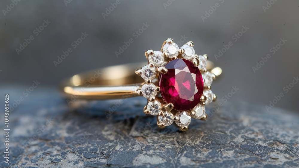 A gold and white ring with a red stone in the center. The stone is surrounded by diamonds and the ring is set in gold A gold and white ring with a red stone in the center. The stone is surrounded by diamonds and the ring is set in gold
