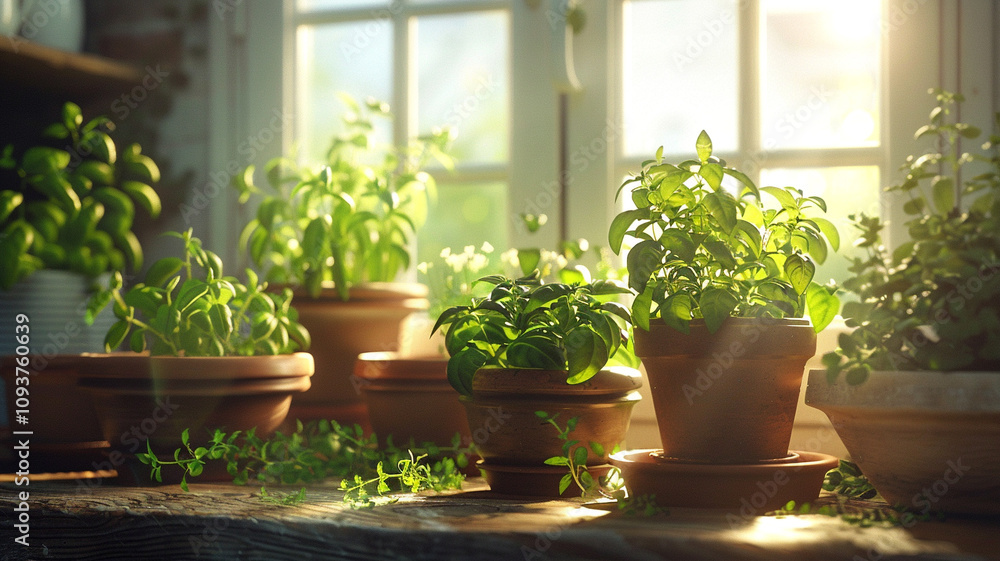 Indoor herb garden with pots of thyme and basil, supporting self-sufficient, sustainable living practices. Indoor herb garden with pots of thyme and basil, supporting self-sufficient, sustainable living practices.