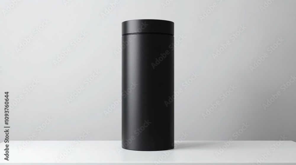 A tall, cylindrical box with a matte black finish, standing upright on a clean white surface A tall, cylindrical box with a matte black finish, standing upright on a clean white surface