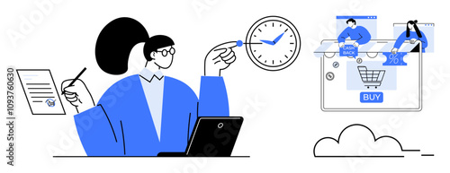 Woman working on laptop, pointing at clock, holding document. Online shopping interface with people. Ideal for multitasking, time management, e-commerce, remote work, productivity business