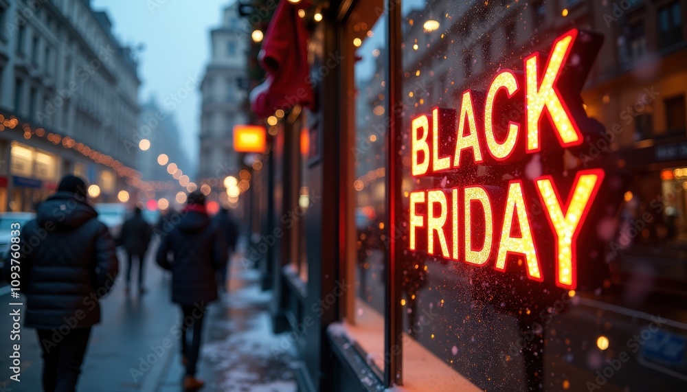A cinematic street-level view with glowing 'BLACK FRIDAY' text displayed on a shop window, surrounded by holiday shoppers and falling snow. A cinematic street-level view with glowing 'BLACK FRIDAY' text displayed on a shop window, surrounded by holiday shoppers and falling snow.