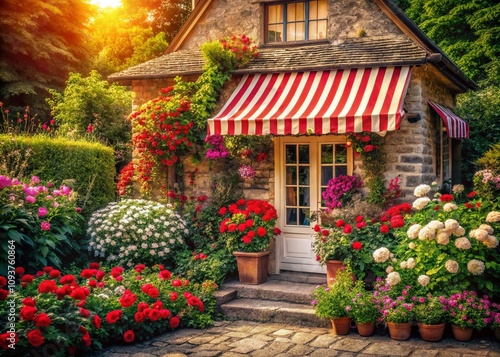 Vintage Style Photography of a Charming Cottage Adorned with Colorful Flowers and a Red and White Striped Canopy, Capturing the Essence of a Quaint Garden Escape