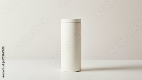 A tall, cylindrical box with a removable lid, perfectly centered on a pristine white surface 