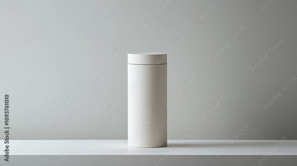 A tall, cylindrical box with a removable lid, perfectly centered on a pristine white surface A tall, cylindrical box with a removable lid, perfectly centered on a pristine white surface