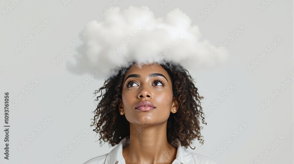 Woman with cloud above her head symbolizing imagination and thoughtful daydreaming Woman with cloud above her head symbolizing imagination and thoughtful daydreaming
